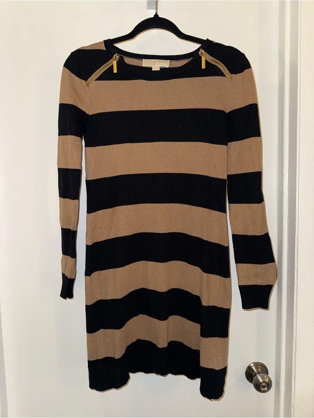 Michael Kors Black Tan Striped Sweater Dress Gold Zippers Size S